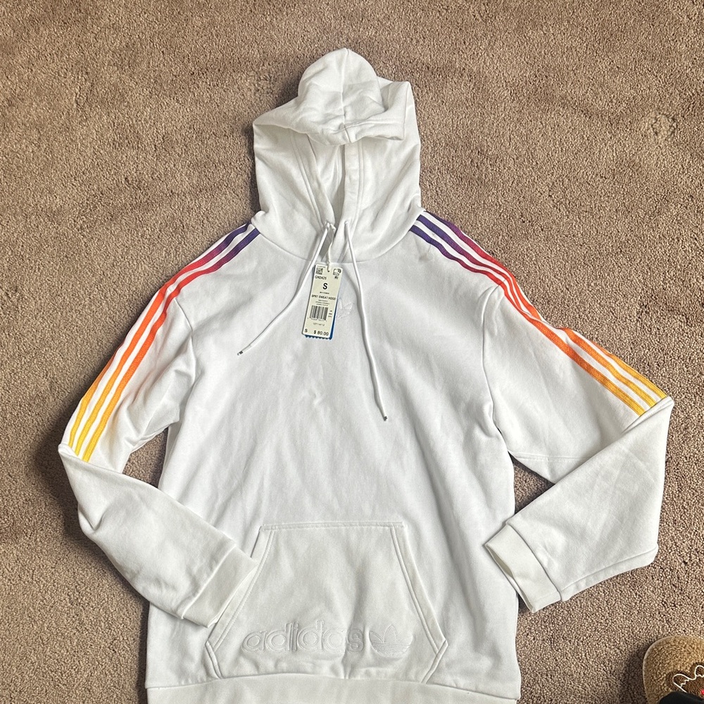 Adidas White Hoodie with Multicolor Stripes